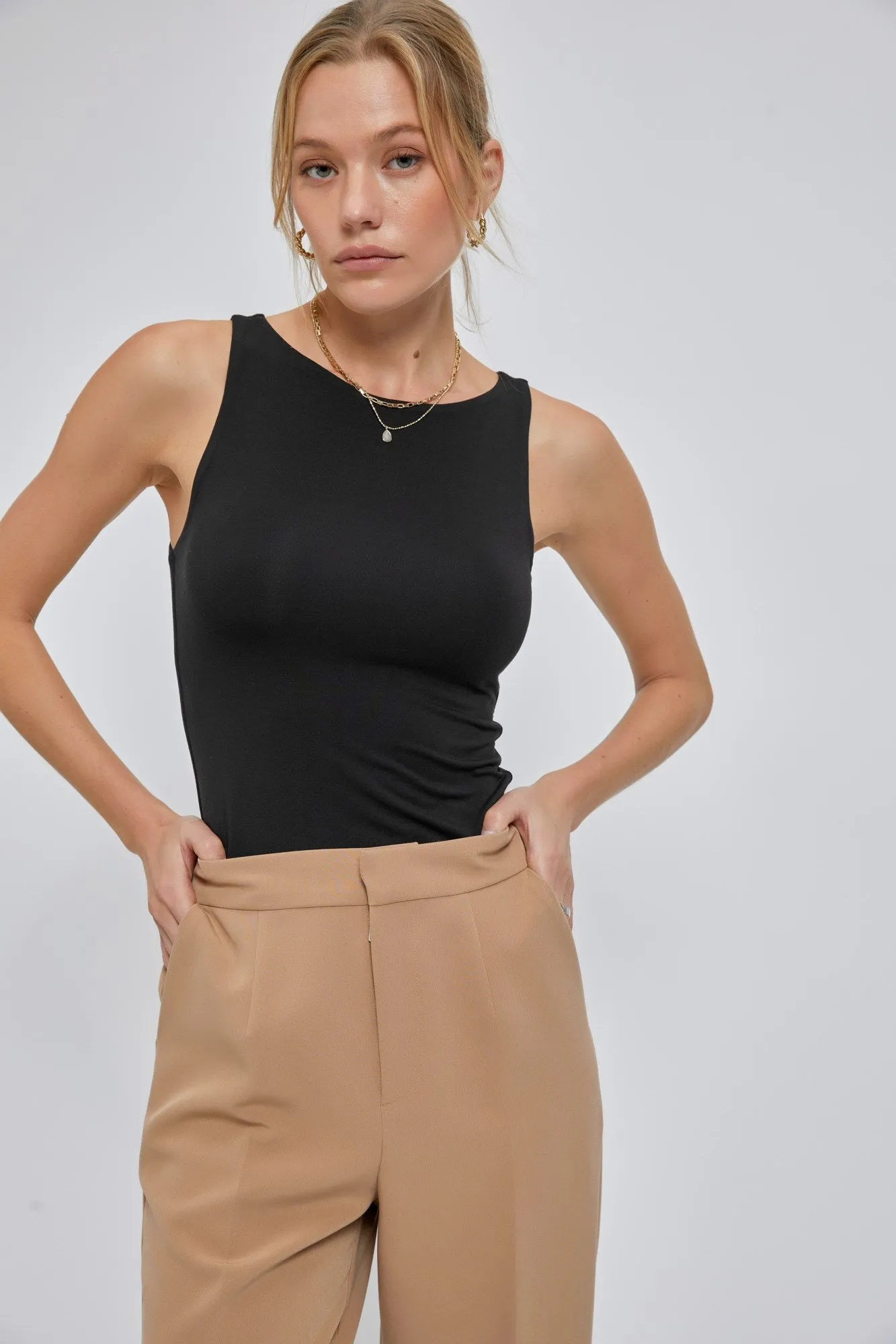 Be Cool Black Basic Boat Neck Tank