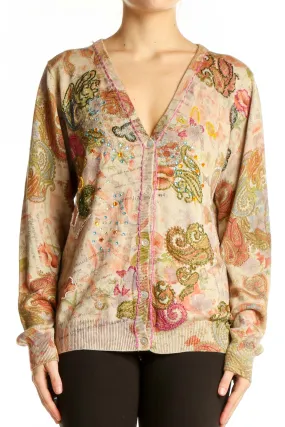 Beige Floral Paisley V-Neck Cardigan Sweater