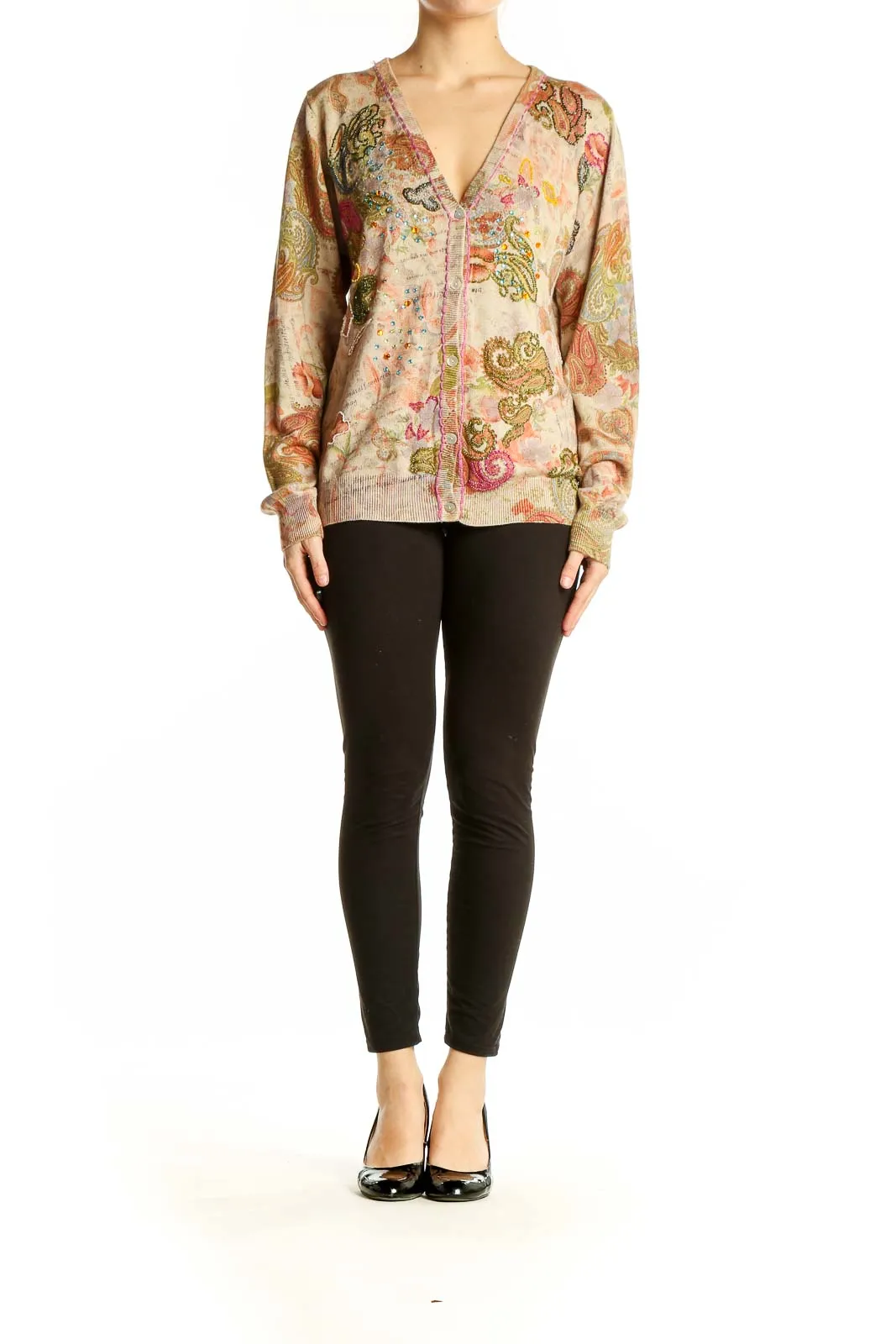 Beige Floral Paisley V-Neck Cardigan Sweater