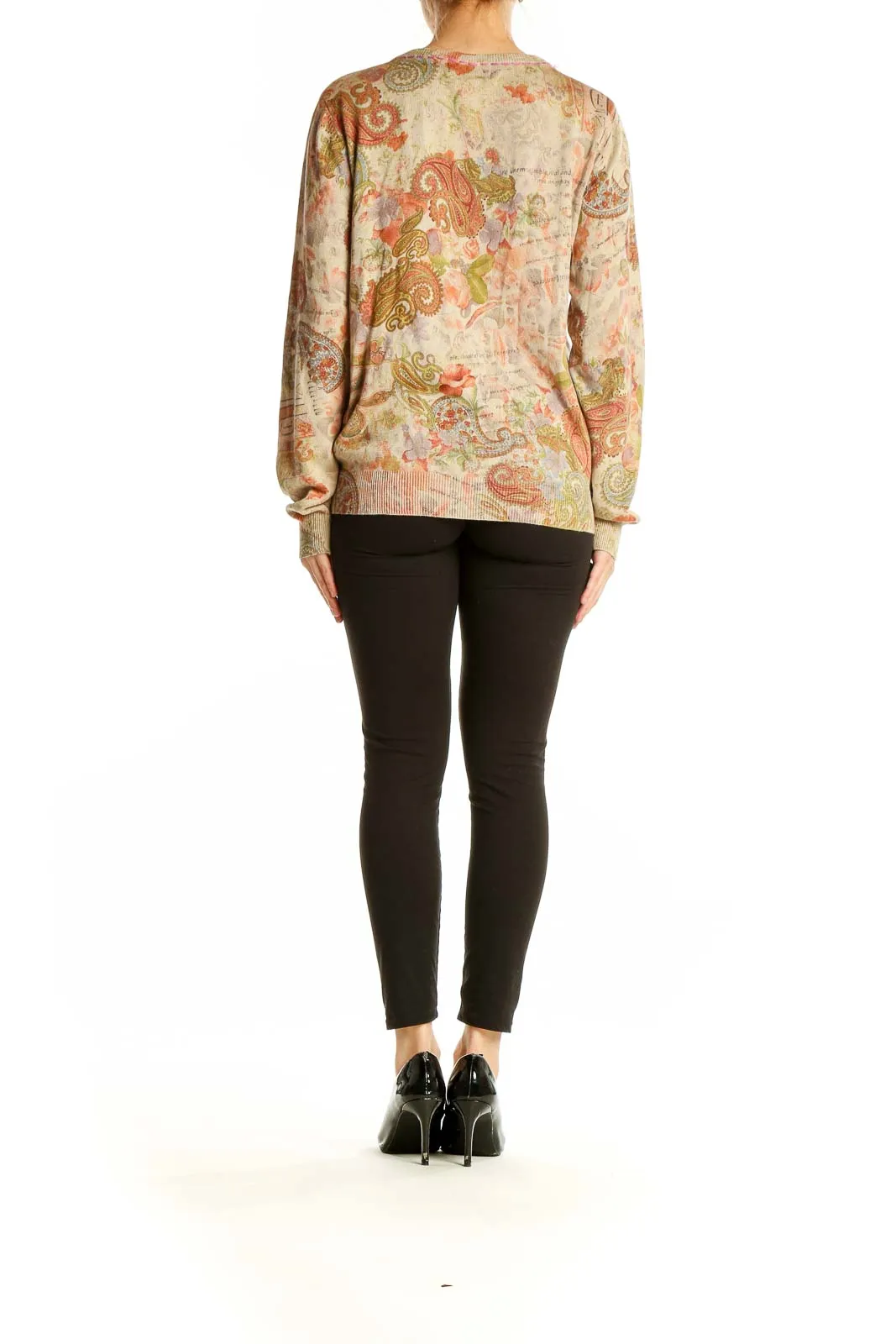 Beige Floral Paisley V-Neck Cardigan Sweater