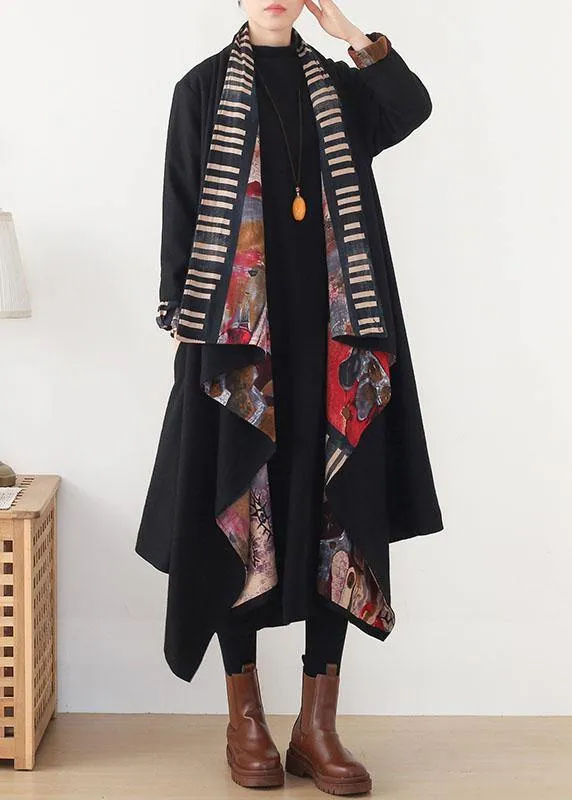 Boho Black Red V Neck Asymmetrical Design Fall Long Sleeve Loose Coat