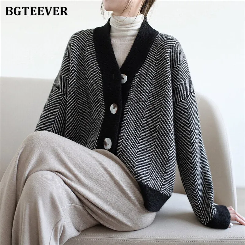 Christmas Gift Joskaa Autumn Winter V-neck Ladies Striped Knitted Cardigans Tops Vintage Single-breasted Full Sleeve Women Sweaters 2024