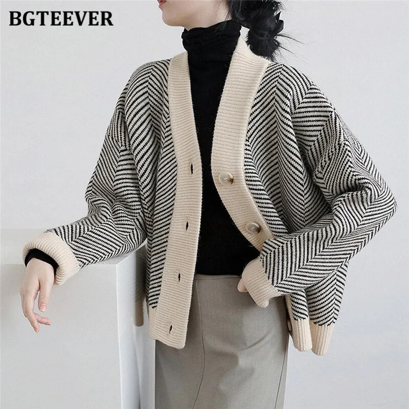 Christmas Gift Joskaa Autumn Winter V-neck Ladies Striped Knitted Cardigans Tops Vintage Single-breasted Full Sleeve Women Sweaters 2024