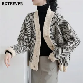 Christmas Gift Joskaa Autumn Winter V-neck Ladies Striped Knitted Cardigans Tops Vintage Single-breasted Full Sleeve Women Sweaters 2024