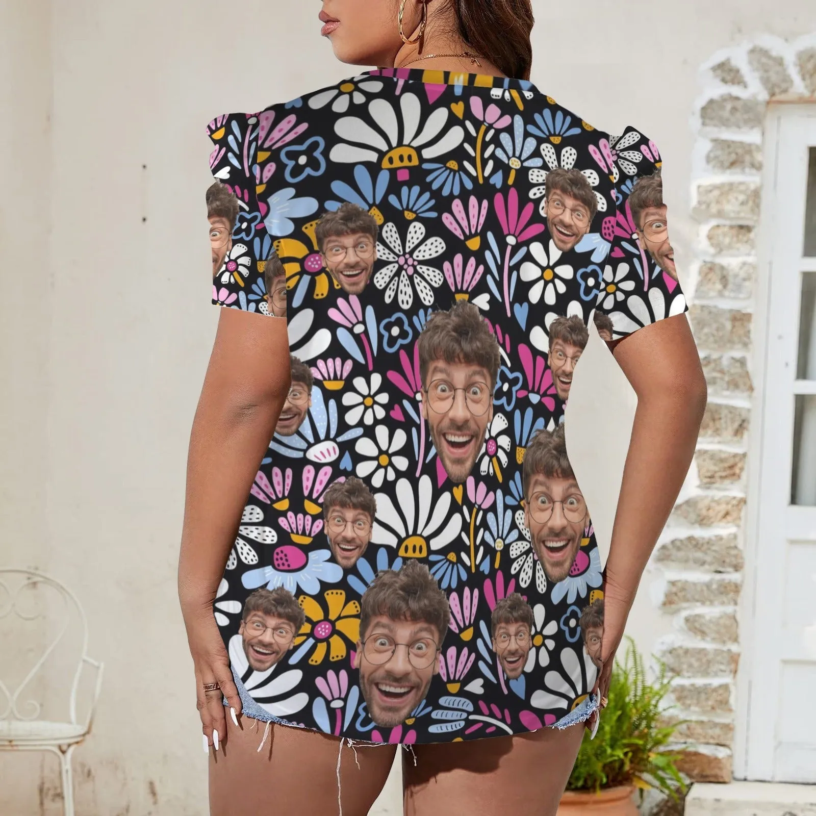 Custom Face Flowers Women's V-Neck Puff Sleeve T-Shirts Personalized Summer Casual Shirt Tops for Women