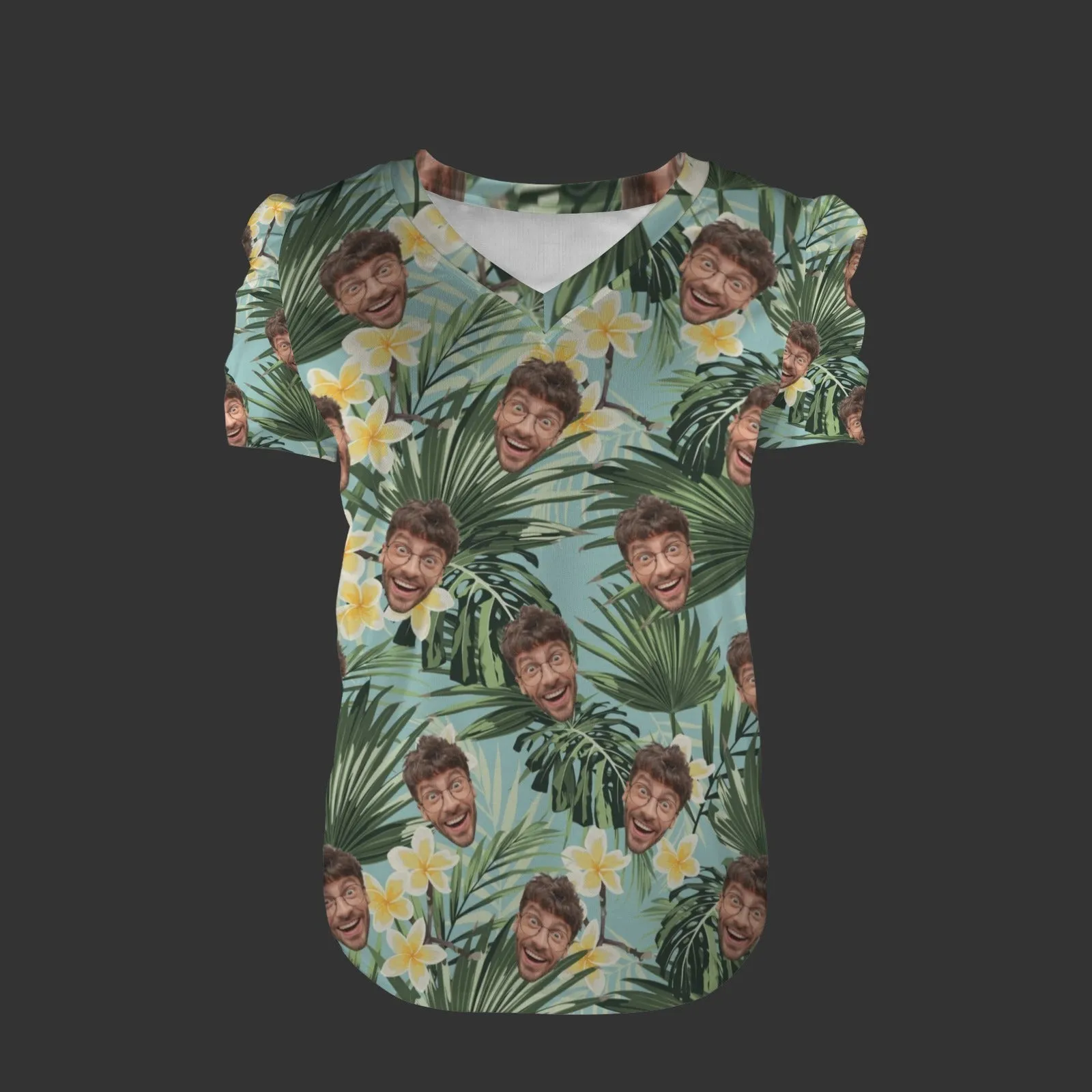 Custom Face Green Women's V-Neck Puff Sleeve T-Shirts Personalized Summer Casual Shirt Tops for Women