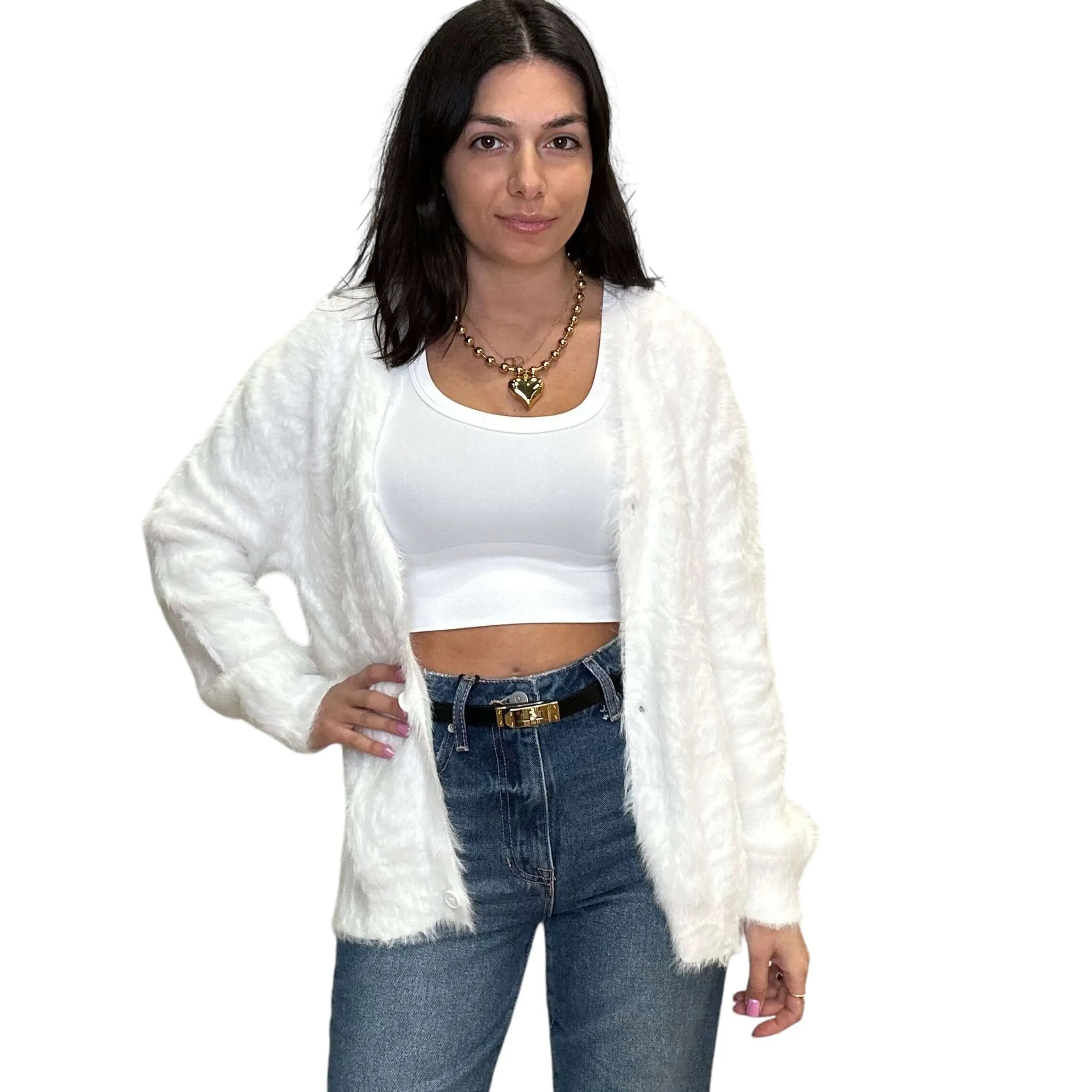 Fuzzy Sweater Cardigan - White