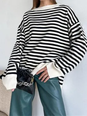 LANFUBEISI - Stripe Drop Shoulder Slit Loose Sweater