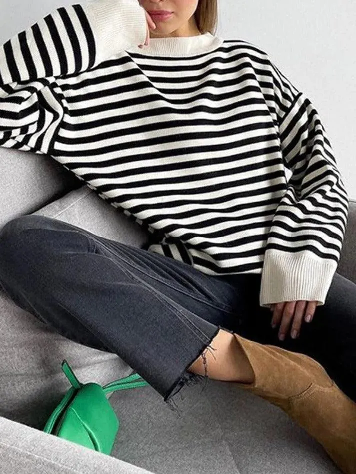 LANFUBEISI - Stripe Drop Shoulder Slit Loose Sweater