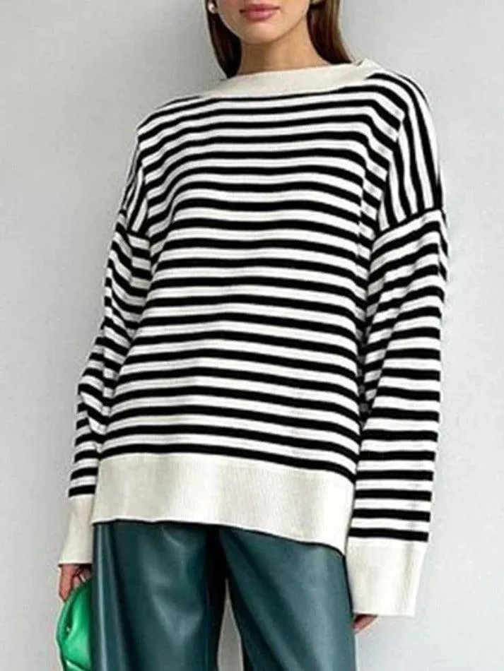 LANFUBEISI - Stripe Drop Shoulder Slit Loose Sweater