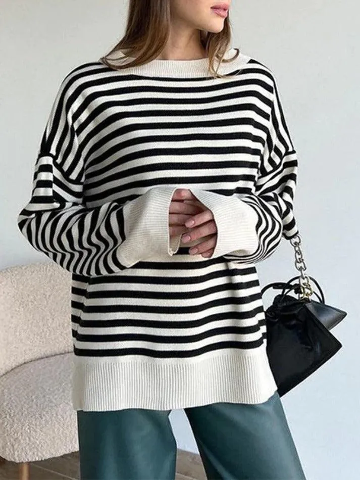 LANFUBEISI - Stripe Drop Shoulder Slit Loose Sweater