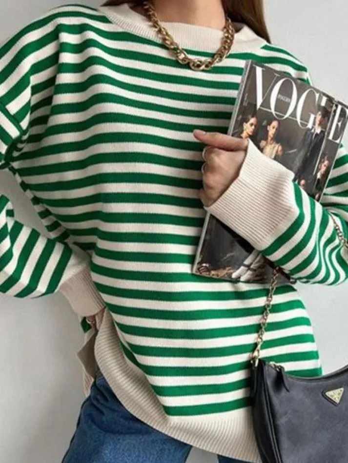 LANFUBEISI - Stripe Drop Shoulder Slit Loose Sweater