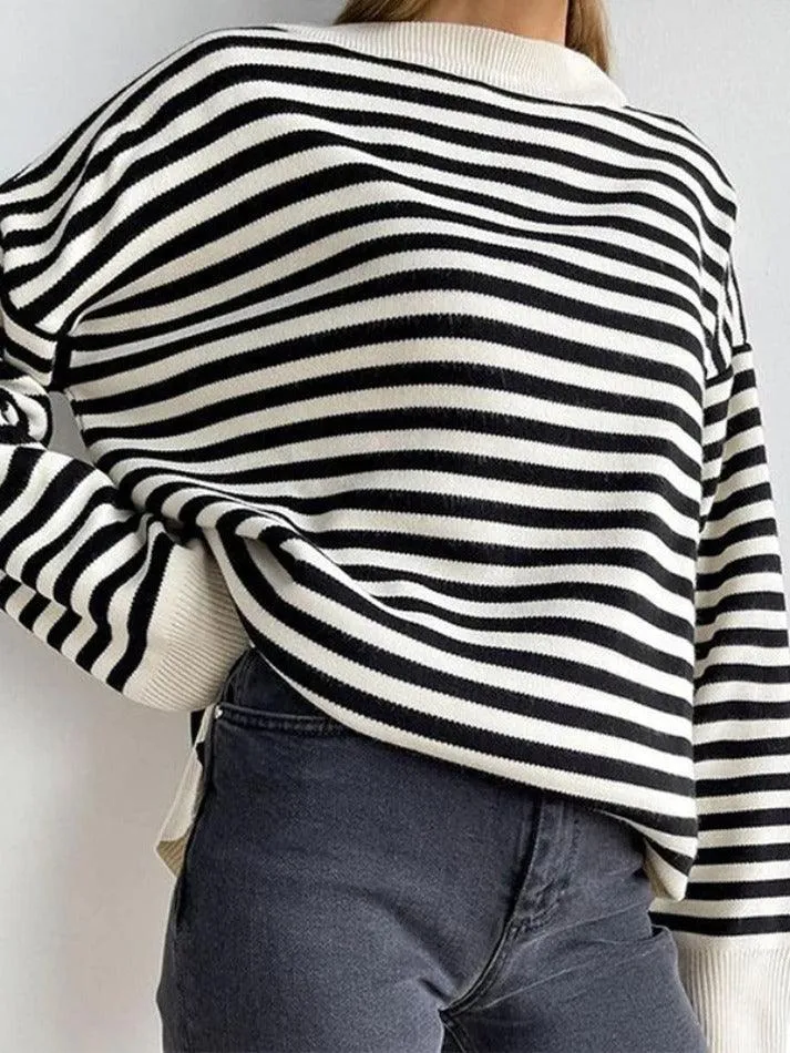 LANFUBEISI - Stripe Drop Shoulder Slit Loose Sweater