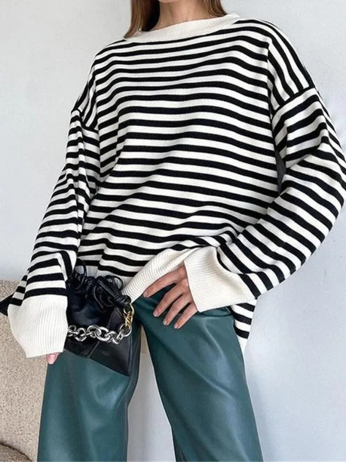 LANFUBEISI - Stripe Drop Shoulder Slit Loose Sweater