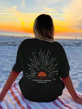 Sunset Chasing Forever, Oversized Comfort Colored Women's Graphic T-Shirt, Bohemian Style Village Shirt, Ocean Blouse