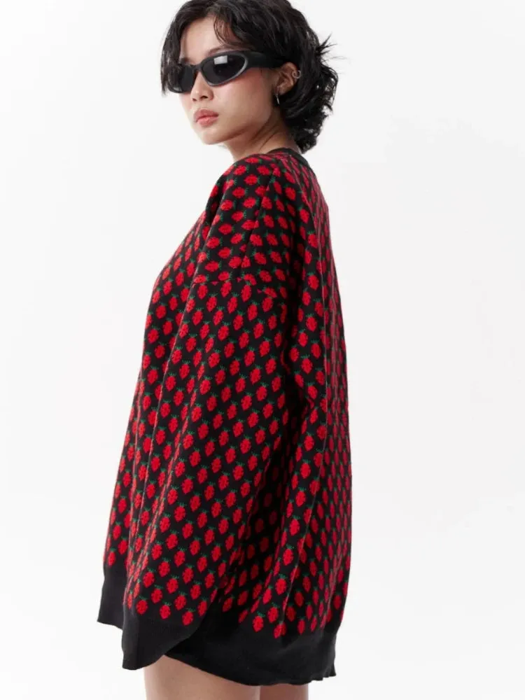 Sweetness Cute Pink O-neck Knit Pullover Women Clothing Trend Strawberry Jacquard Long Sleeve Sweater