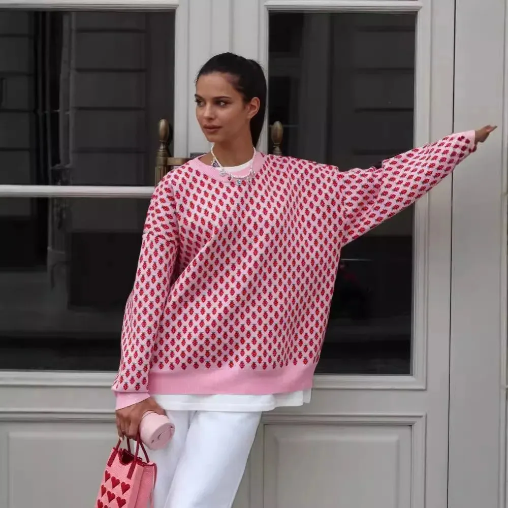 Sweetness Cute Pink O-neck Knit Pullover Women Clothing Trend Strawberry Jacquard Long Sleeve Sweater