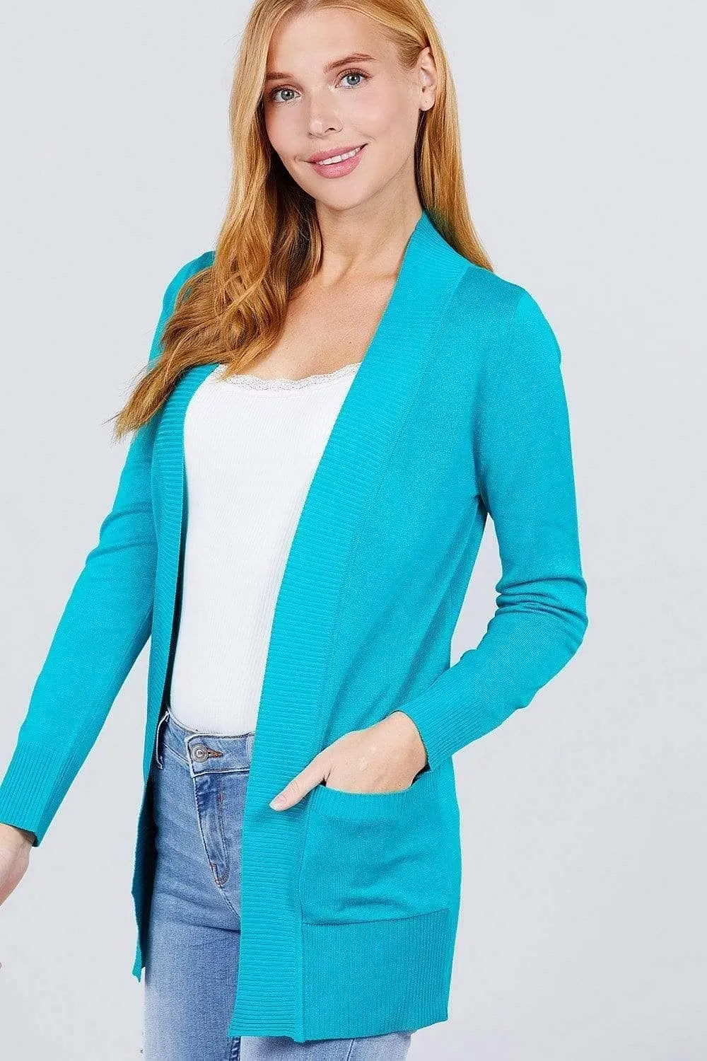 Turquoise Long Sleeve Open-Front Rib Knit Cardigan