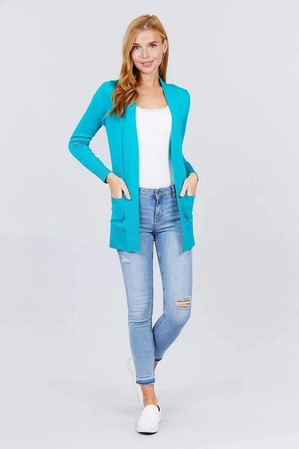 Turquoise Long Sleeve Open-Front Rib Knit Cardigan