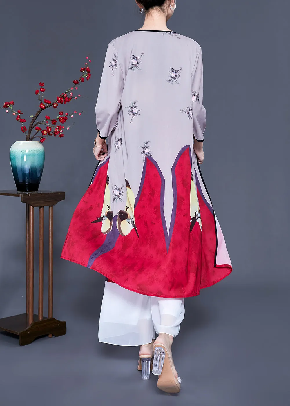 Unique Colorblock Oversized Print Silk Cardigans Two Pieces Set Spring LY0939