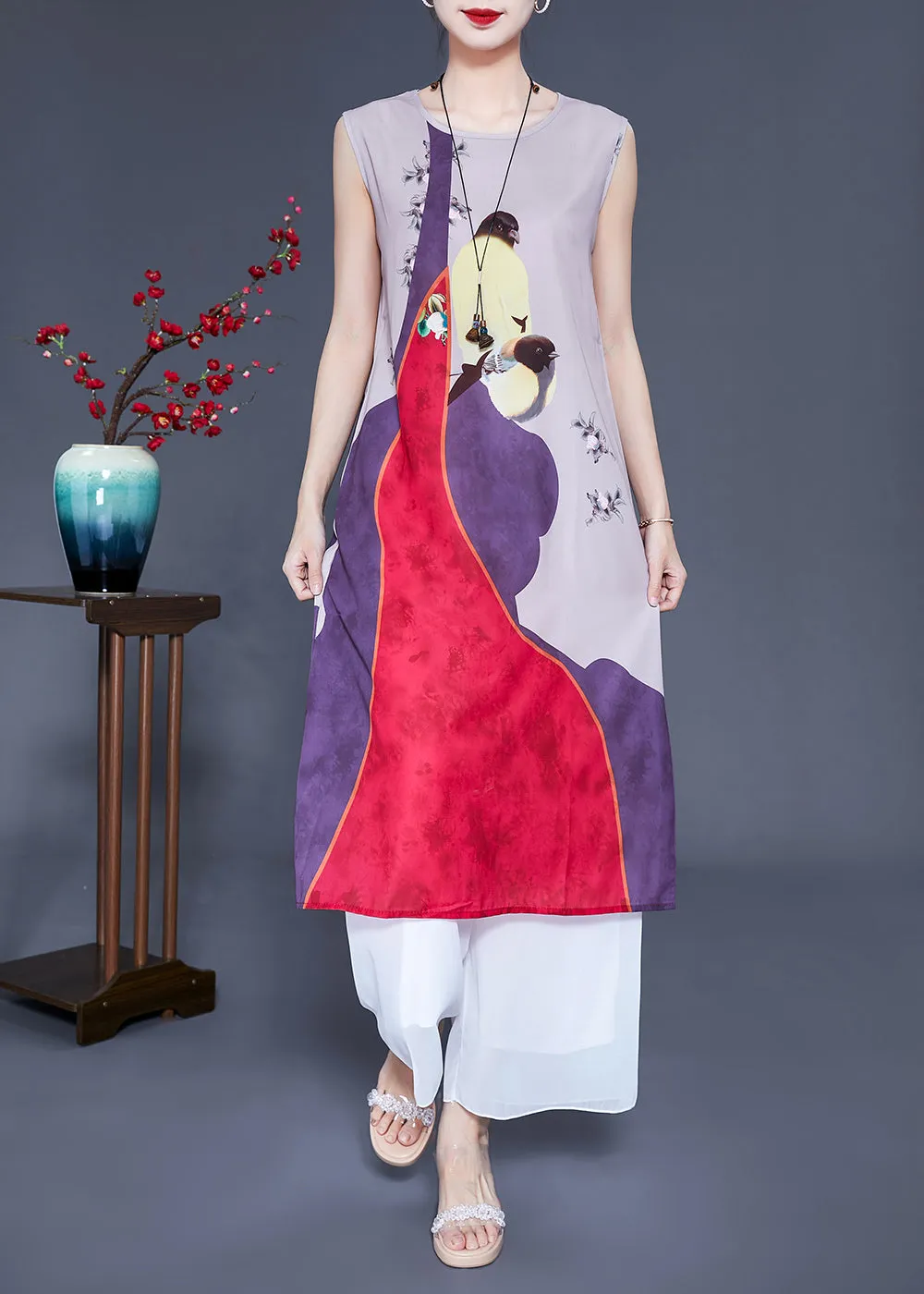 Unique Colorblock Oversized Print Silk Cardigans Two Pieces Set Spring LY0939