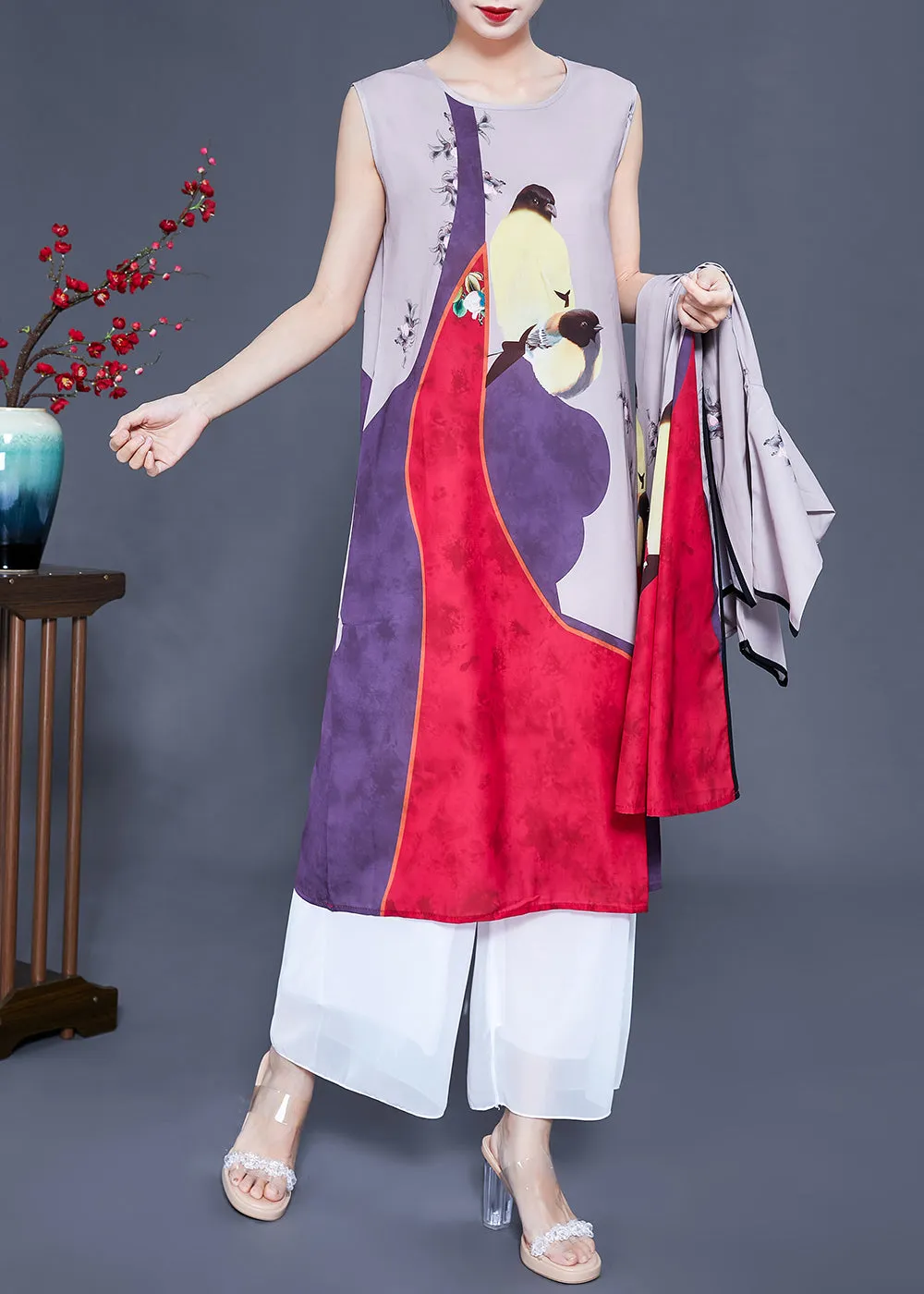 Unique Colorblock Oversized Print Silk Cardigans Two Pieces Set Spring LY0939