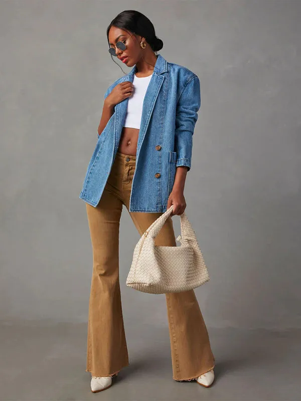 Washed Denim Single-Breasted Shawl Lapel Jacket - Blazer with Pockets