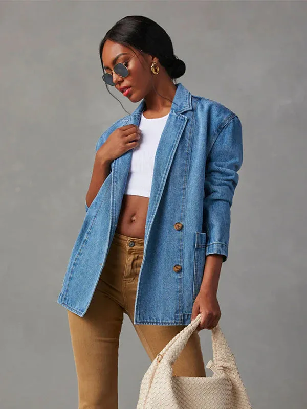 Washed Denim Single-Breasted Shawl Lapel Jacket - Blazer with Pockets