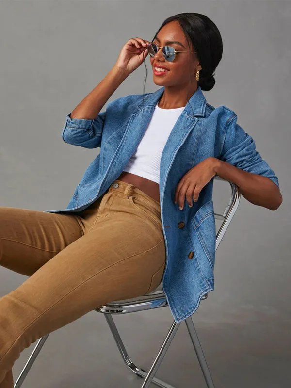 Washed Denim Single-Breasted Shawl Lapel Jacket - Blazer with Pockets