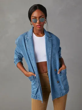 Washed Denim Single-Breasted Shawl Lapel Jacket - Blazer with Pockets