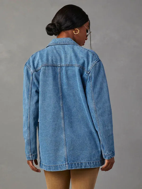 Washed Denim Single-Breasted Shawl Lapel Jacket - Blazer with Pockets