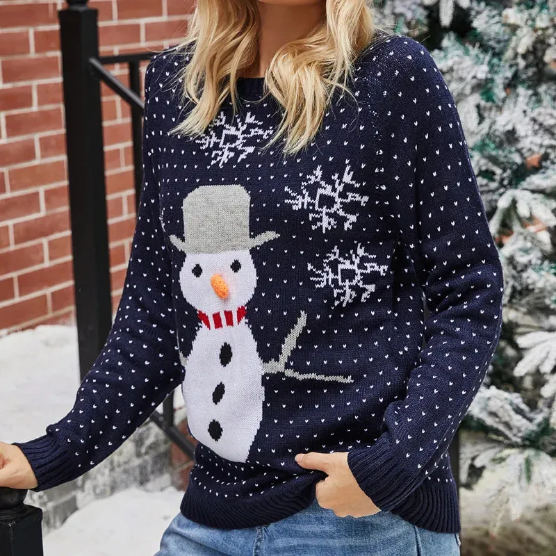 Wenkouban-Christmas Thanksgiving outfits_Cute Funny Snowman Jacquard Christmas Knitted Autumn Winter Loose Christmas Sweater