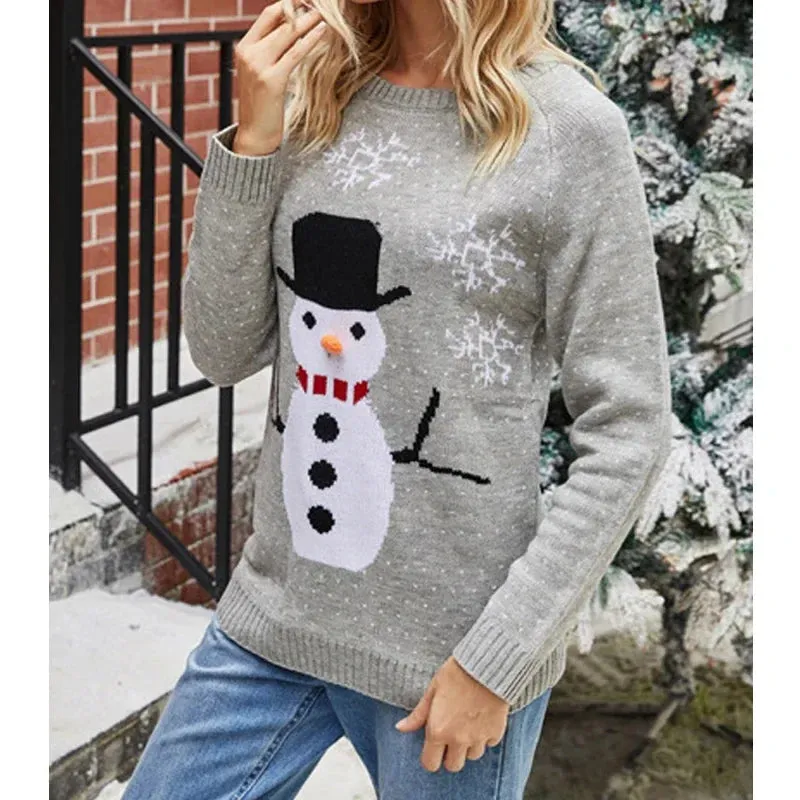 Wenkouban-Christmas Thanksgiving outfits_Cute Funny Snowman Jacquard Christmas Knitted Autumn Winter Loose Christmas Sweater