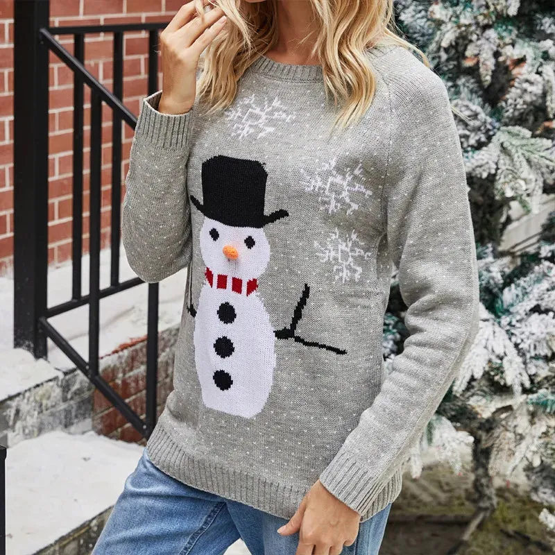Wenkouban-Christmas Thanksgiving outfits_Cute Funny Snowman Jacquard Christmas Knitted Autumn Winter Loose Christmas Sweater