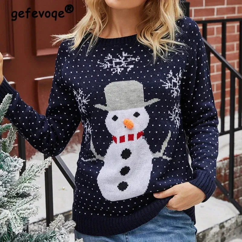 Wenkouban-Christmas Thanksgiving outfits_Cute Funny Snowman Jacquard Christmas Knitted Autumn Winter Loose Christmas Sweater